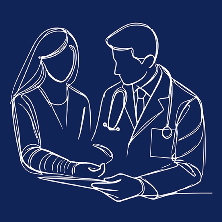 A cartoon line drawing of a doctor helping a patient with some paperwork